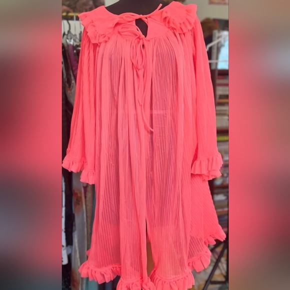Vintage Other - Peignoir Robe Ruffles Nylon 1960's Mod Vintage Neon Pink L